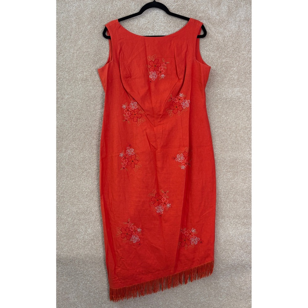 VTG NICOLE STUDIO Sheath Dress Womens 14 Orange Vintage Beaded Floral Linen